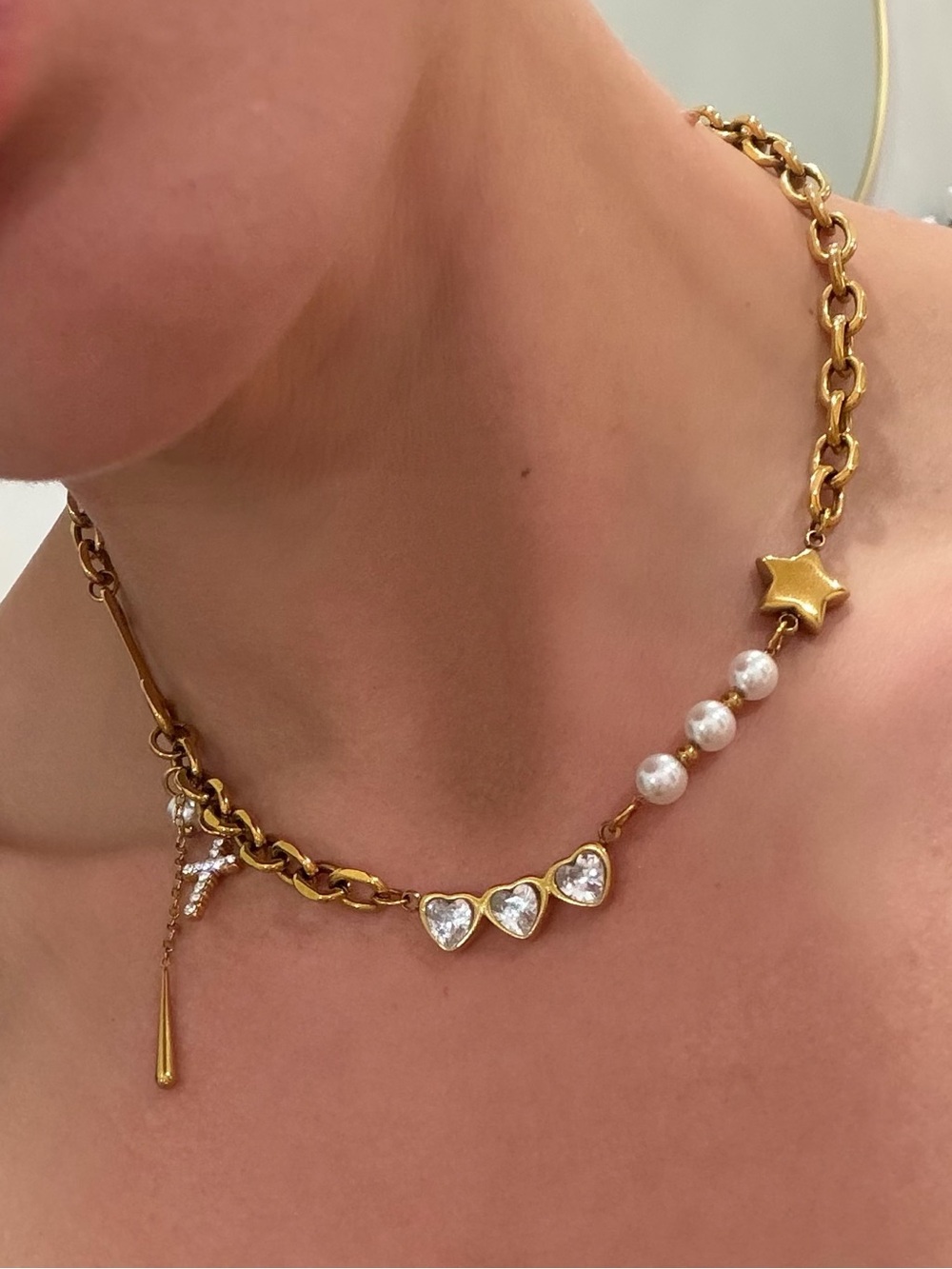 NWT 18kGold Plated Heart & Pearl Necklace with Star Charm